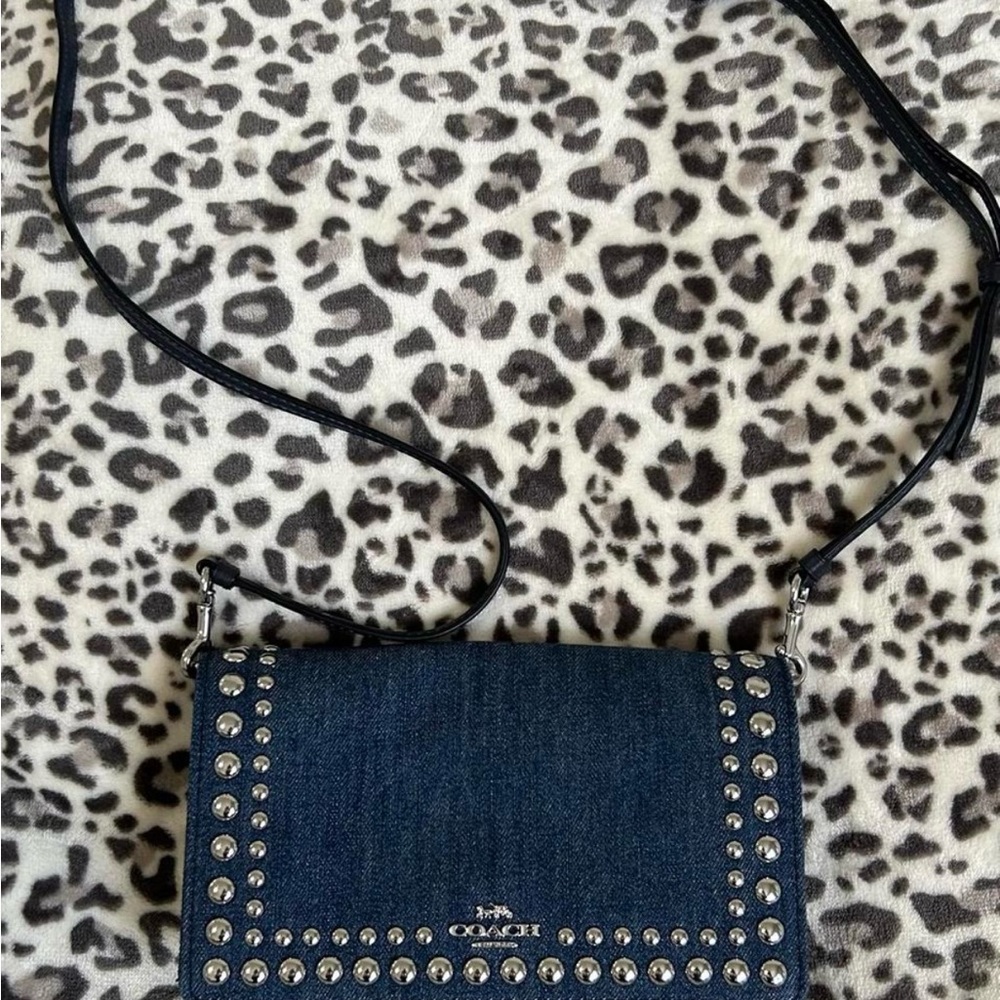 Coach Anna Foldover Denim Clutch Crossbody with Silver Rivets